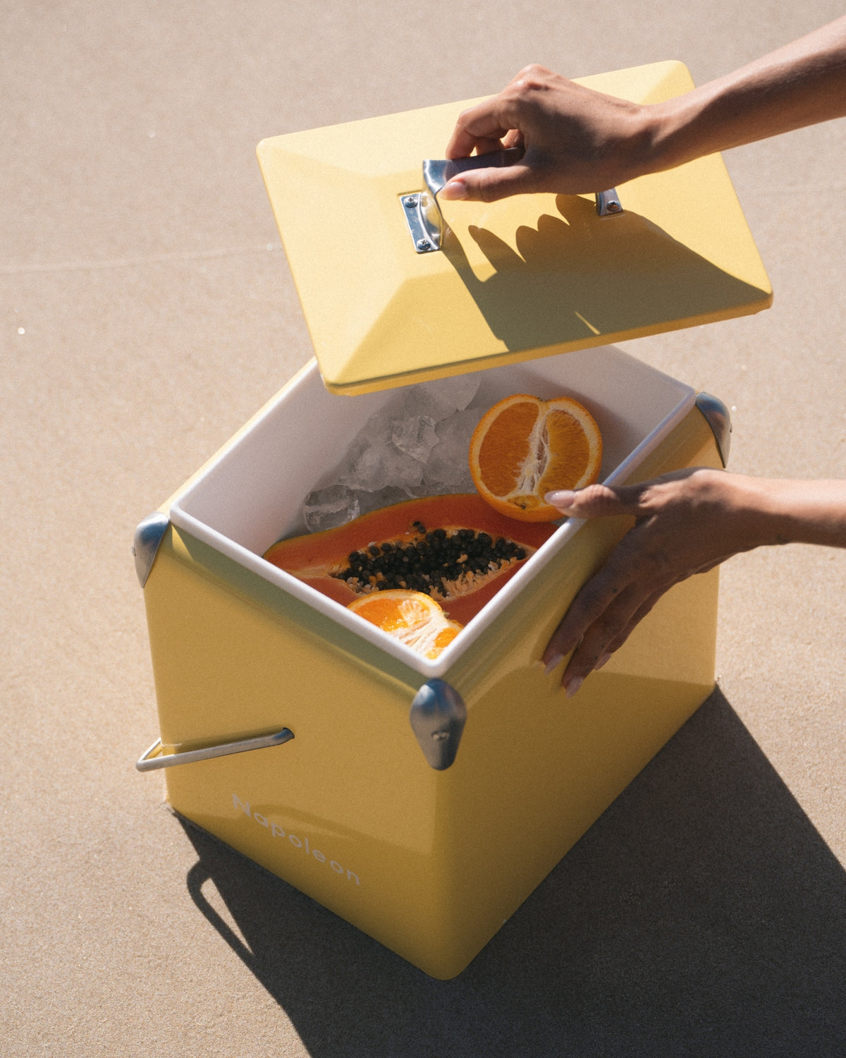 yellow napoleon mini chilly bin beach picnic with fruit